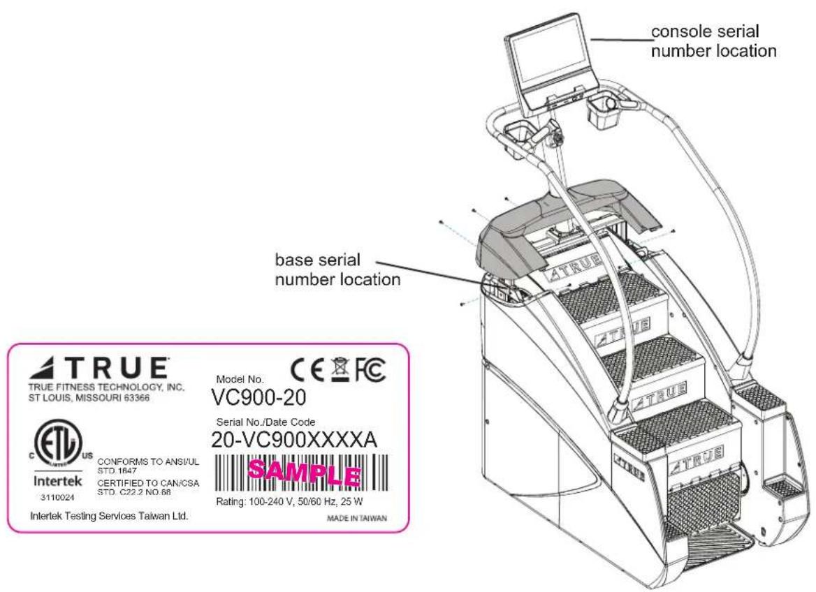 console serial number location base serial number location TRUE TRUE FITNESS TECHNOLOGY, INC. ST LOUIS, MISSOURI 63366 Model No. CE FC VC900-20 Serial No./Date Code 20-VC900XXXXA SAMPLE 3110024 CERTIFIED TO CAN/CSA STD. C22.2 NO.68 Rating: 100-240 V, 50/60 Hz, 25 W Intertek Testing Services Taiwan Ltd. Made IN TAIWAN