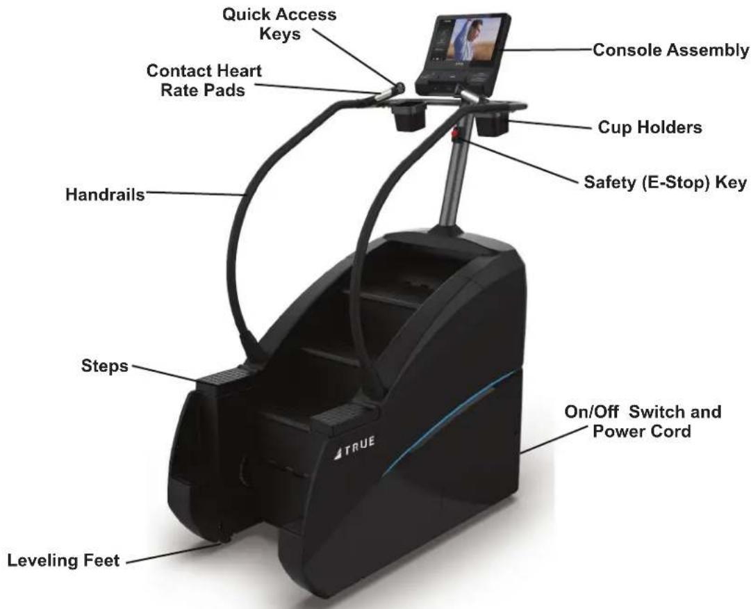 Quick Access Keys Contact Heart Rate Pads Handrails Steps Leveling Feet Console Assembly Cup Holders Safety (E-Stop) Key On/Off Switch and Power Cord