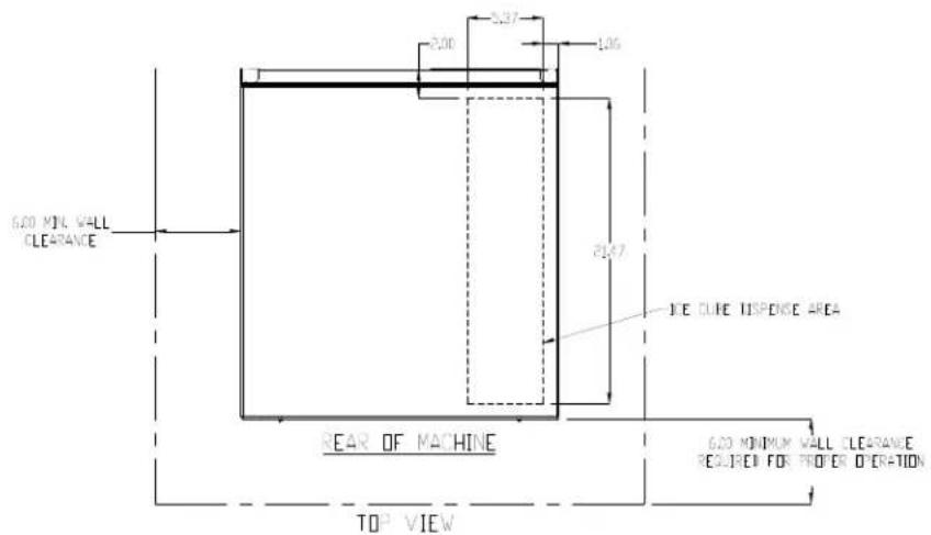 6.00 MIN. WALL CLEARANCE 5.37 2.00 1.06 21.47 THE CURE DISPENSSE AREA SEAR OF MACHINE 6.00 MINIMUM WALL CLEARANCE REQUIRED FOR PROPER O'ERATION TOP VIEW