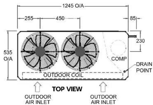 1245 O/A 255 450 85 535 O/A OUTDOOR COIL COMP 230 DRAIN POINT TOP VIEW OUTDOOR AIR INLET OUTDOOR AIR INLET