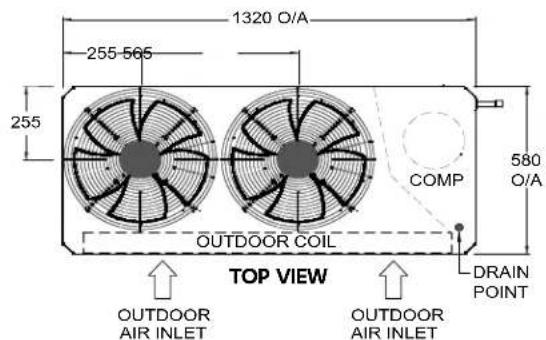 1320 O/A 255 565 255 COMP 580 O/A OUTDOOR COIL TOP VIEW DRAIN POINT OUTDOOR AIR INLET OUTDOOR AIR INLET