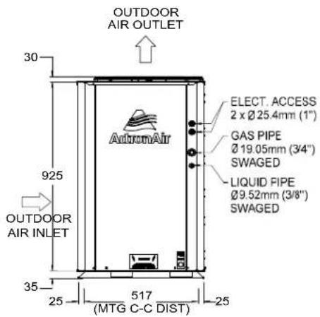 OUTDOOR AIR OUTLET 30 925 OUTDOOR AIR INLET 35 25 517 (MTG C-C DIST) ELECT. ACCESS 2 x Ø 25.4mm (1") GAS PIPE Ø 19.05mm (3/4") SWAGED LIQUID PIPE Ø 9.52mm (3/8") SWAGED