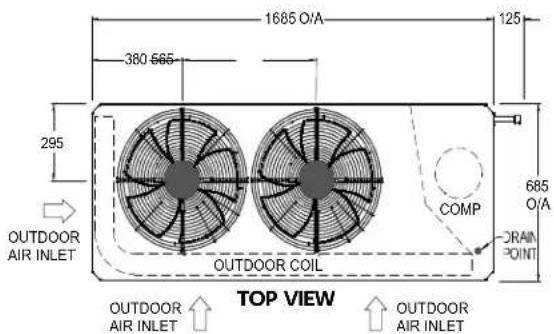 1685 O/A 380 565 295 OUTDOOR AIR INLET COMP 685 O/A DRAIN POINT OUTDOOR COIL TOP VIEW OUTDOOR AIR INLET OUTDOOR AIR INLET