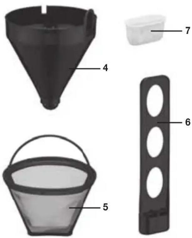 Diagram showing labeled parts of a cleaning or storage device, including funnel, bucket, and holder with numbered labels.