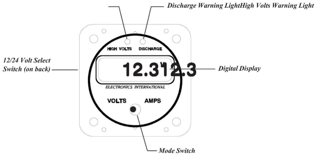 12/24 Volt Select Switch (on back) HIGH VOLTS DISCHARGE 12.312.3 ELECTRONICS INTERNATIONAL VOLTS AMPS Discharge Warning Light High Volts Warning Light Digital Display Mode Switch