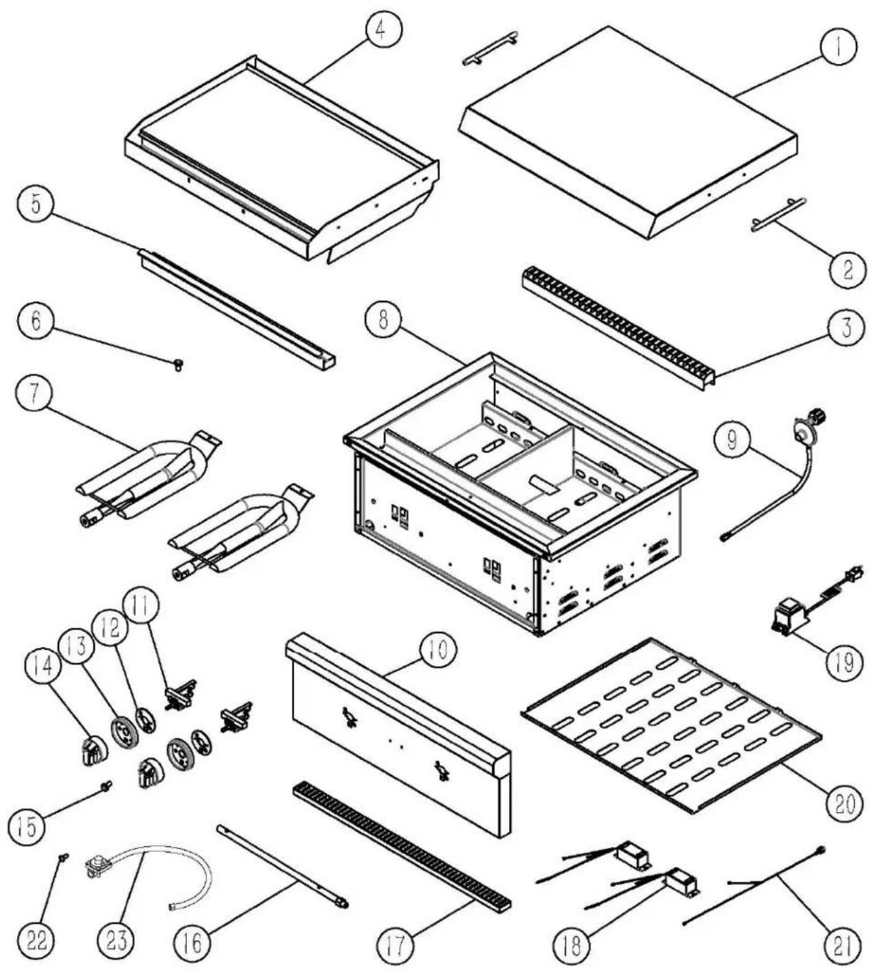 Exploded view diagram of a refrigerator with numbered parts for identification