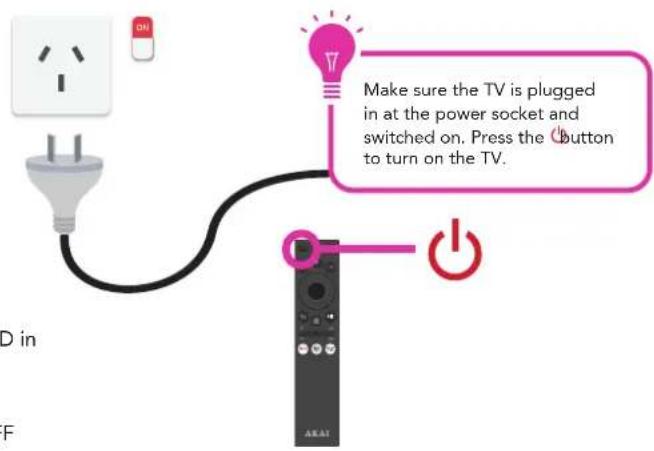 Make sure the TV is plugged in at the power socket and switched on. Press the o button to turn on the TV.