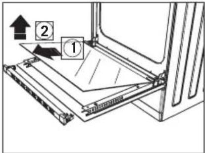 Diagram showing a mechanical assembly with labeled parts and directional arrows, likely illustrating a motion or assembly process.