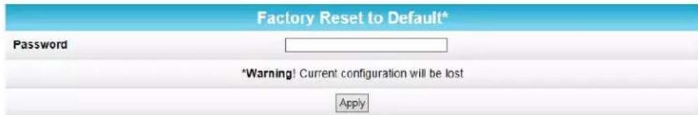 Factory Reset to Default* Password *Warning! Current configuration will be lost Apply