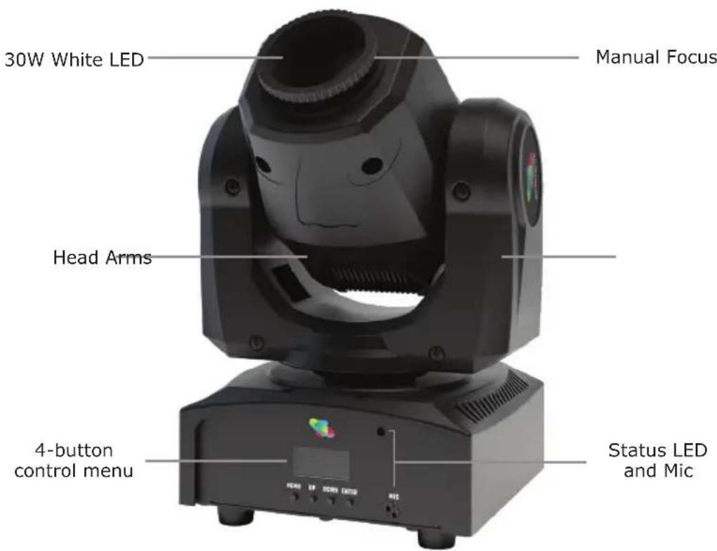 30W White LED Manual Focus Head Arms 4-button control menu Status LED and Mic