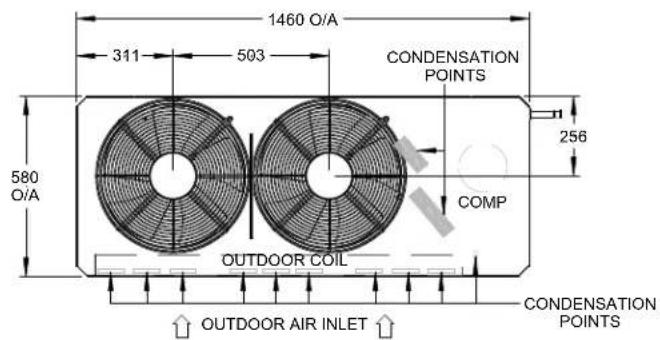 1460 O/A 311 503 580 O/A CONDENSATION POINTS 256 COMP OUTDOOR COIL OUTDOOR AIR INLET CONDENSATION POINTS