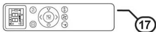 Diagram of a remote control panel with labeled buttons and a numbered circle marker