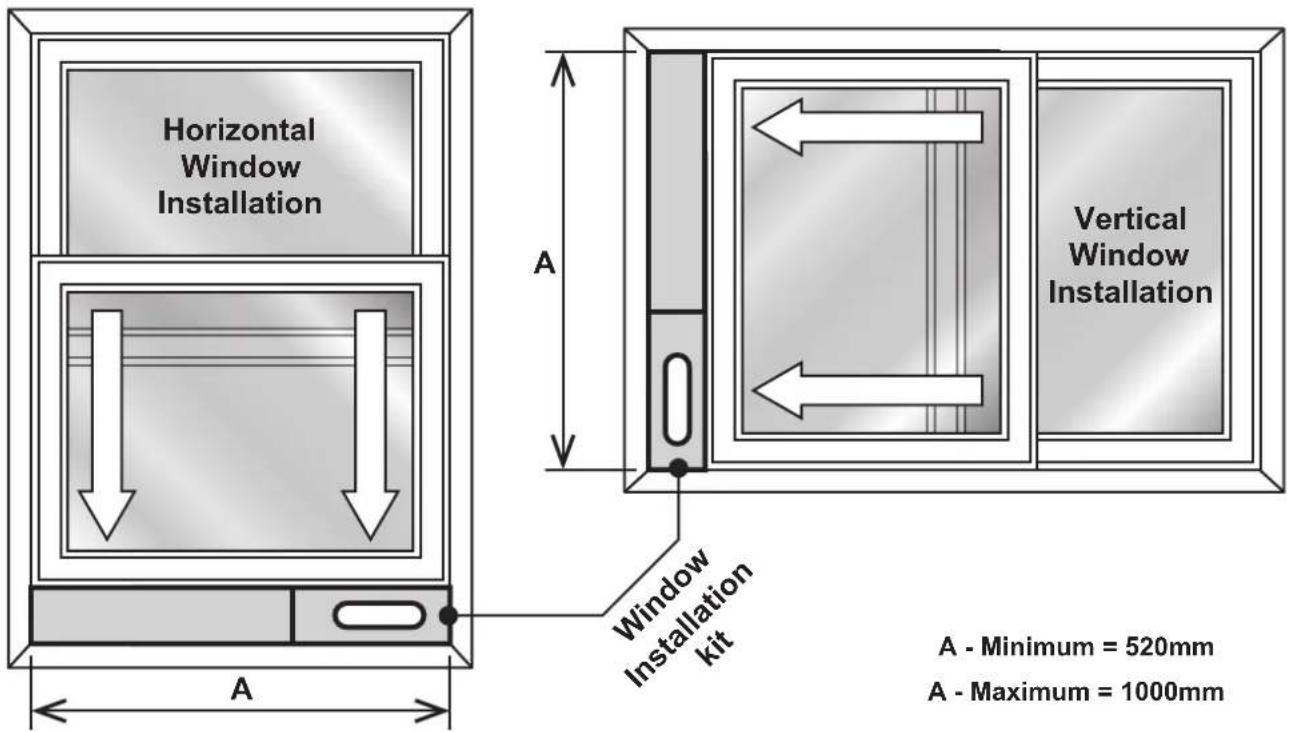 Horizontal Window Installation A A - Minimum = 520mm A - Maximum = 1000mm Window Installation Installation kit Vertical Window Installation