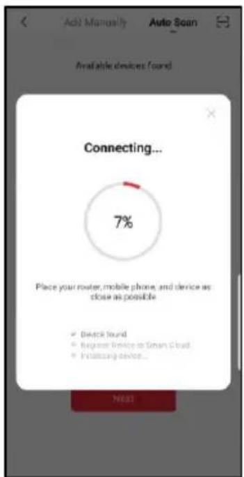 Add Manually Auto Scan Available devices found Connecting... 7% Place your router, mobile phone, and device as close as possible ✓ Device found ● Register Device in Smart Cloud ● Initiating device... Next