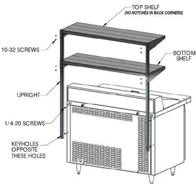 TOP SHELF (NO NOTCHES IN BACK CORNERS) 10-32 SCREWS BOTTOM SHELF UPRIGHT 1/4-20 SCREWS KEYHOLES OPPOSITE THESE HOLES