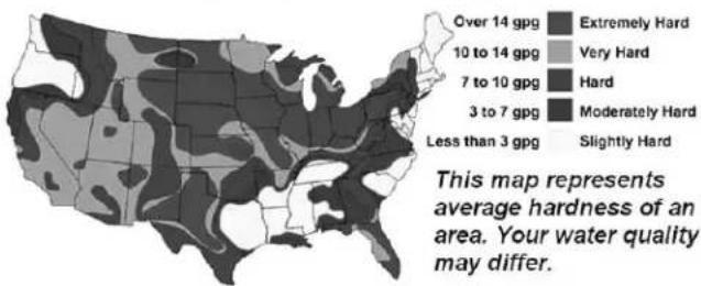 Over 14 gpg 10 to 14 gpg 7 to 10 gpg 3 to 7 gpg Less than 3 gpg Extremely Hard Very Hard Hard Moderately Hard Slightly Hard This map represents average hardness of an area. Your water quality may differ.