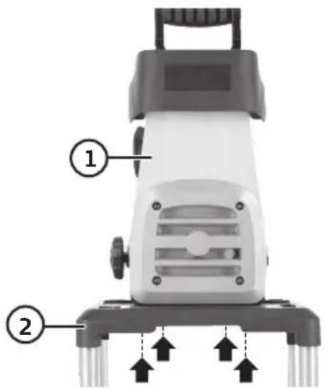 Diagram of a cleaning or cleaning device with labeled parts 1 and 2, showing fluid flow indicators.