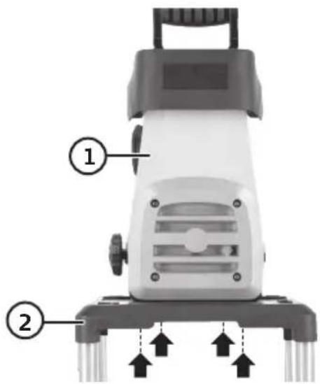 Diagram of a cleaning or cleaning device with labeled parts 1 and 2, showing mechanical components and directional arrows.