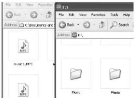 File Edit View Favorites Back Address C:\Documents and MP3 music 1.MP3 MP1 F:\ File Edit View Favorites Tools Help Back Search Address F:\ Music Photo