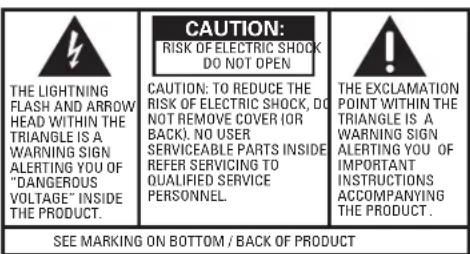 THE LIGHTNING FLASH AND ARROW HEAD WITHIN THE TRIANGLE IS A WARNING SIGN ALERTING YOU OF "DANGEROUS VOLTAGE" INSIDE THE PRODUCT. CAUTION: TO REDUCE THE RISK OF ELECTRIC SHOCK, DO NOT REMOVE COVER (OR BACK). NO USER SERVICEABLE PARTS INSIDE REFER SERVICING TO QUALIFIED SERVICE PERSONNEL. THE EXCLAMATION POINT WITHIN THE TRIANGLE IS A WARNING SIGN ALERTING YOU OF IMPORTANT INSTRUCTIONS ACCOMPANYING THE PRODUCT. SEE MARKING ON BOTTOM / BACK OF PRODUCT