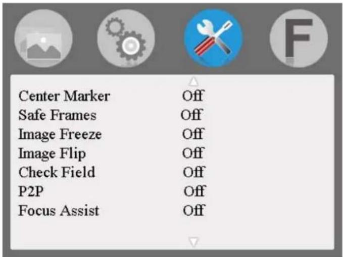Center Marker Off Safe Frames Off Image Freeze Off Image Flip Off Check Field Off P2P Off Focus Assist Off