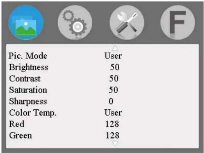 Pic. Mode User Brightness 50 Contrast 50 Saturation 50 Sharpness 0 Color Temp. User Red 128 Green 128