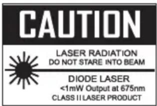 CAUTION LASER RADIATION DO NOT STARE INTO BEAM DIODE LASER <1mW Output at 675nm CLASS II LASER PRODUCT