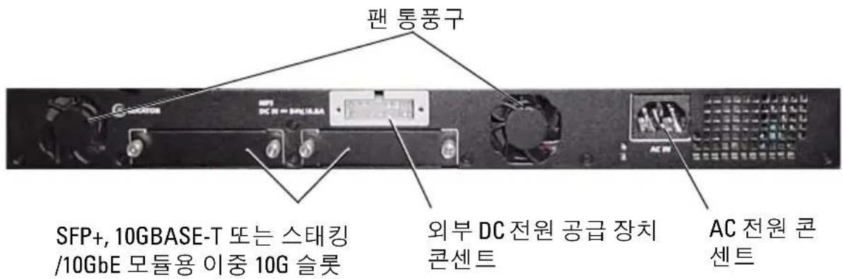 팬 통풍구 SFP+, 10GBASE-T 또는 스태킹 /10GbE 모듈용 이중 10G 슬롯 외부 DC 전원 공급 장치 콘센트 AC 전원 콘 센트