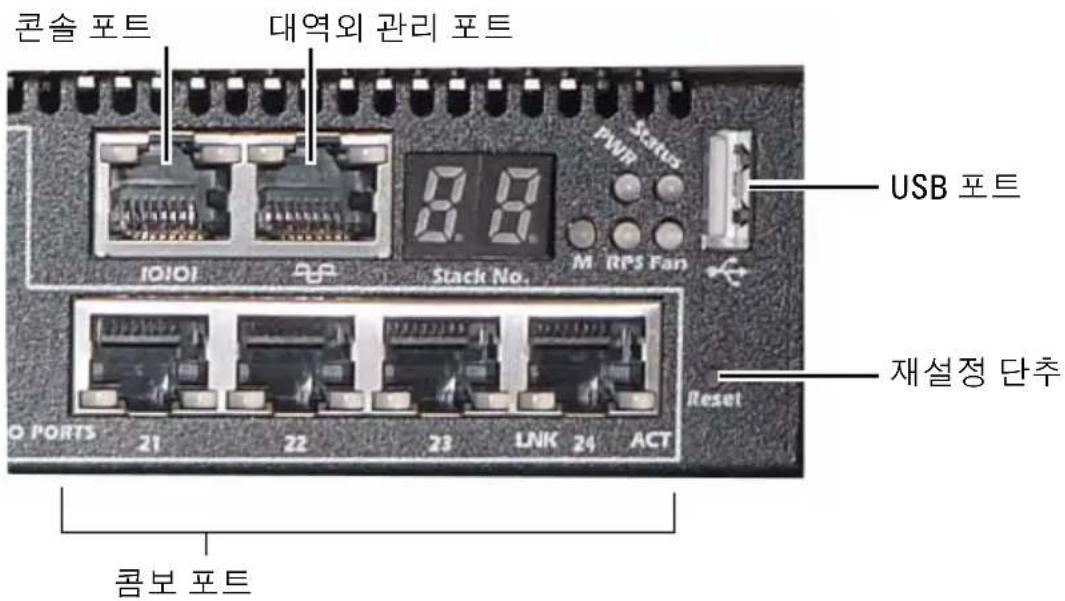 콘솔 포트 대역외 관리 포트 USB 포트 10101 Stack No. M RPS Fan O PORTS 21 22 23 LNK 24 ACT RESET 제설정 단추 콤보 포트