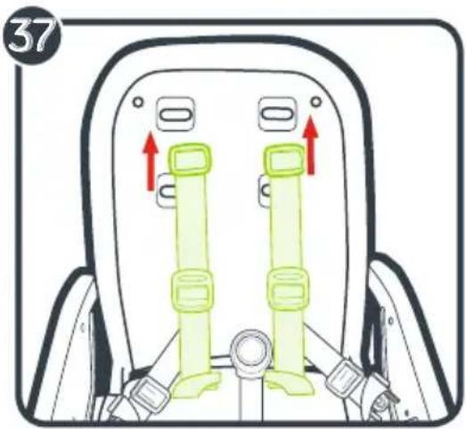 Diagram of a car seatbelt with two green belt stopper designs and red directional arrows indicating movement (no text or symbols)