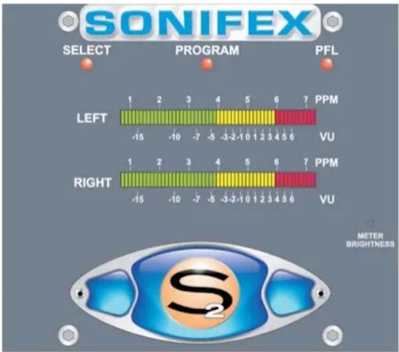 SONIFEX SELECT PROGRAM PFL LEFT 1 2 3 4 5 6 7 PPM -VU RIGHT 1 2 3 4 5 6 7 PPM -VU S2 METER BRIGHTNESS