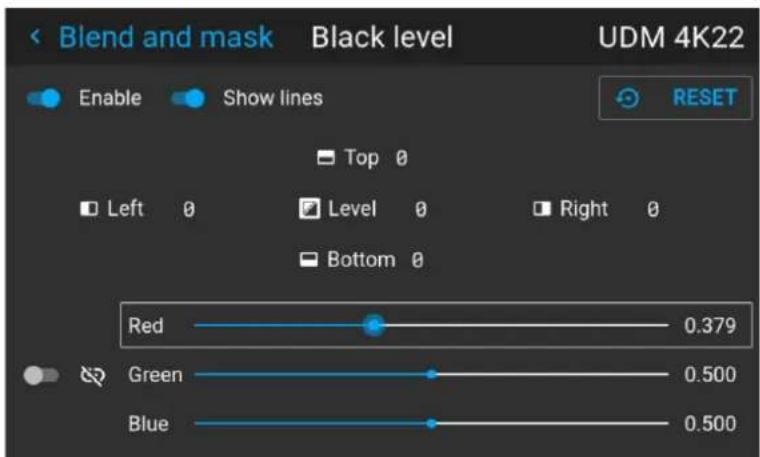 Blend and mask Black level UDM 4K22 Enable Show lines RESET Top 0 Left 0 Level 0 Right 0 Bottom 0 Red 0.379 Green 0.500 Blue 0.500
