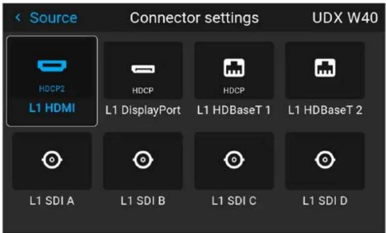 Source Connector settings UDX W40 HDCP2 L1 HDMI HDCP HDCP L1 DisplayPort L1 HDBaseT 1 L1 HDBaseT 2 L1 SDI A L1 SDI B L1 SDI C L1 SDI D