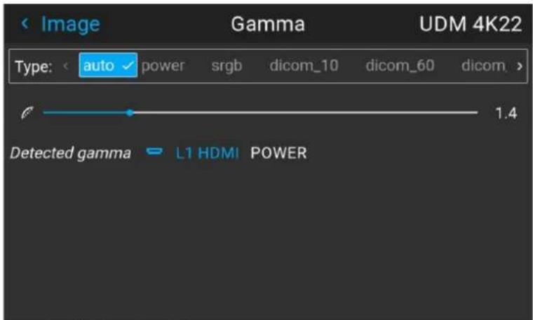Image Gamma UDM 4K22 Type: auto power srgb dicom_10 dicom_60 dicom > 1.4 Detected gamma L1 HDMI POWER