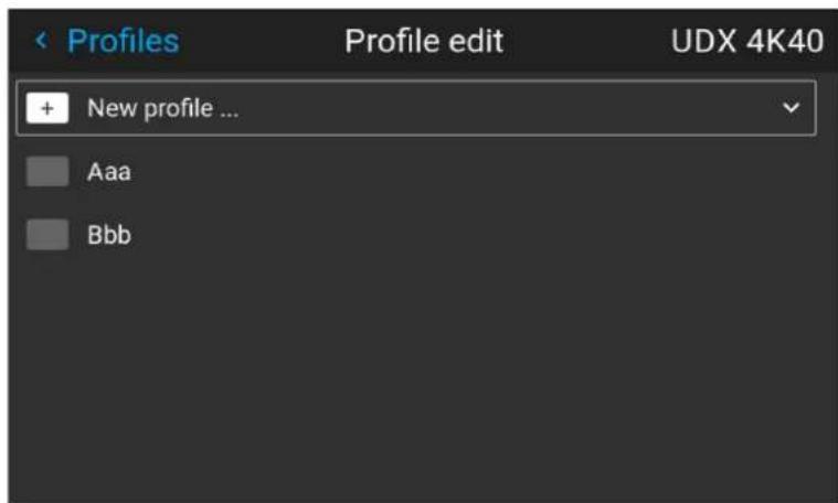 Profiles Profile edit UDX 4K40 + New profile ... Aaa Bbb