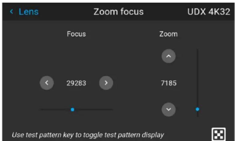 < Lens Zoom focus UDX 4K32 Focus Zoom 29283 7185 Use test pattern key to toggle test pattern display