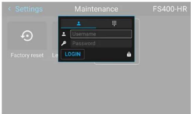 Settings Maintenance FS400-HR Username Password LOGIN Factory reset Le