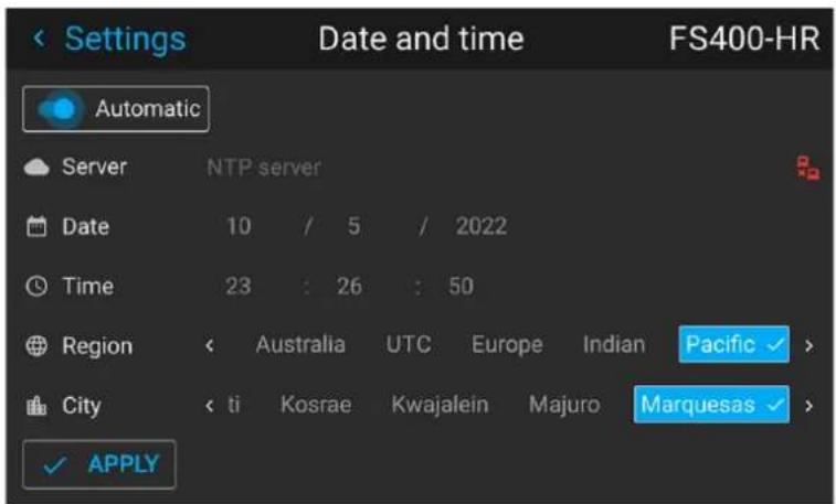 Settings Date and time FS400-HR Automatic Server NTP server Date 10 / 5 / 2022 Time 23 : 26 : 50 Region Australia UTC Europe Indian Pacific ✓ > City ti Kosrae Kwajalein Majuro Marquesas ✓ > ✓ APPLY