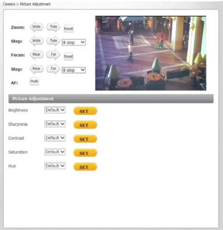 Camera > Picture Adjustment Zoom: Wide Tele Reset Step: Wide Tele 8 step Focus: Near Far Reset Step: Near Far 8 step AF: Push Picture Adjustment Brightness Default SET Sharpness Default SET Contrast Default SET Saturation Default SET Hue Default SET
