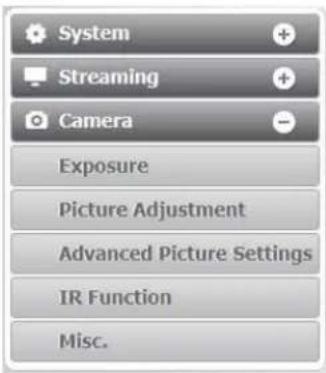 System Streaming Camera Exposure Picture Adjustment Advanced Picture Settings IR Function Misc.