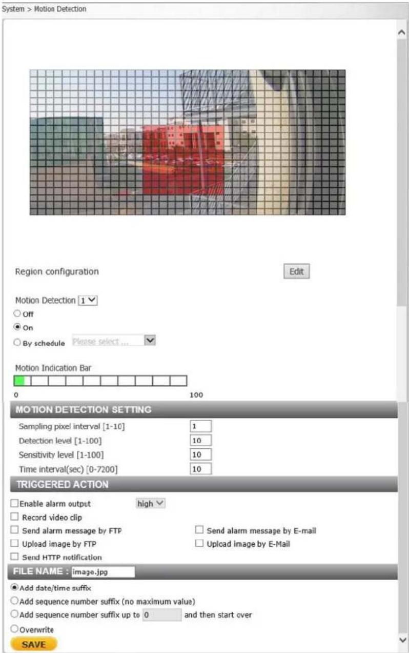 System > Motion Detection Region configuration Edit Motion Detection 1 Off On By schedule Please select ... Motion Indication Bar 0 100 MOTION DETECTION SETTING Sampling pixel interval [1-10] 1 Detection level [1-100] 10 Sensitivity level [1-100] 10 Time interval(sec) [0-7200] 10 TRIGGERED ACTION Enable alarm output high Record video clip Send alarm message by FTP Send alarm message by E-mail Upload image by FTP Upload image by E-Mail Send HTTP notification FILE NAME : image.jpg Add date/time suffix Add sequence number suffix (no maximum value) Add sequence number suffix up to 0 and then start over Overwrite SAVE