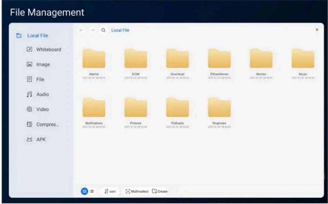 File Management Local File Whiteboard Image File Audio Video Compres... APK Local File Alarms 2021-01-20 08:53:34 DCIM 2021-01-20 08:53:34 Download 2021-01-20 08:53:34 EShareServer 2021-01-20 08:53:34 Movies 2021-01-20 08:53:34 Music 2021-01-20 08:53:34 Notifications 2021-01-20 08:53:34 Pictures 2021-01-20 08:53:34 Podcasts 2021-01-20 08:53:34 Ringtones 2021-01-20 08:53:34