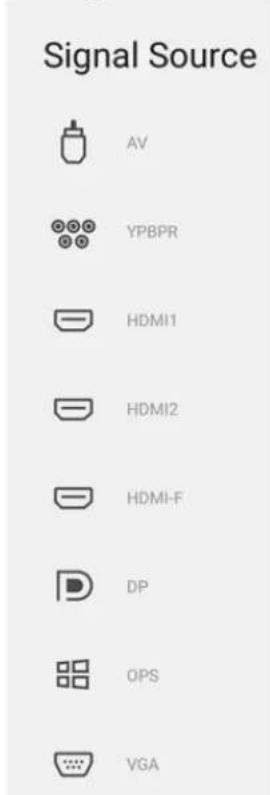 Signal Source AV YPBPR HDMI1 HDMI2 HDMI-F DP OPS VGA