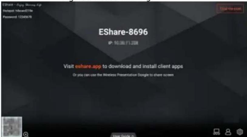 EShare - Eging Sharray App GetApp Nisward31te Password 12345678 EShare-8696 IP: 50.56/71.2008 Visit eshare.app to download and install client apps Or you can use the Wireless Presentation Google to share screen