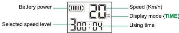 Battery power 20 Speed (Km/h) Display mode (TIME) Selected speed level 300:04 Using time
