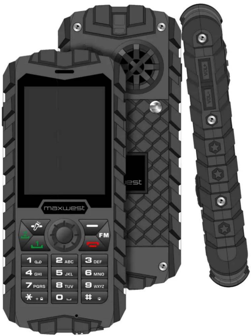 Exterior and interior views of a two-wheeled mobile phone with visible keypad, control buttons, and display screen (no readable text or symbols beyond branding)