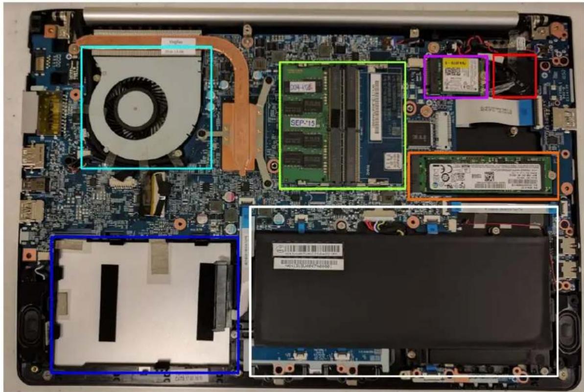 Laptop motherboard photo with visible component labels and annotations, including CPU socket, memory chips, and circuitry