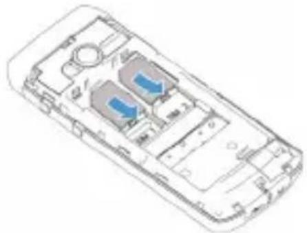 Isometric line drawing of a smartphone internal compartments with blue arrows indicating specific areas (no text or symbols present)