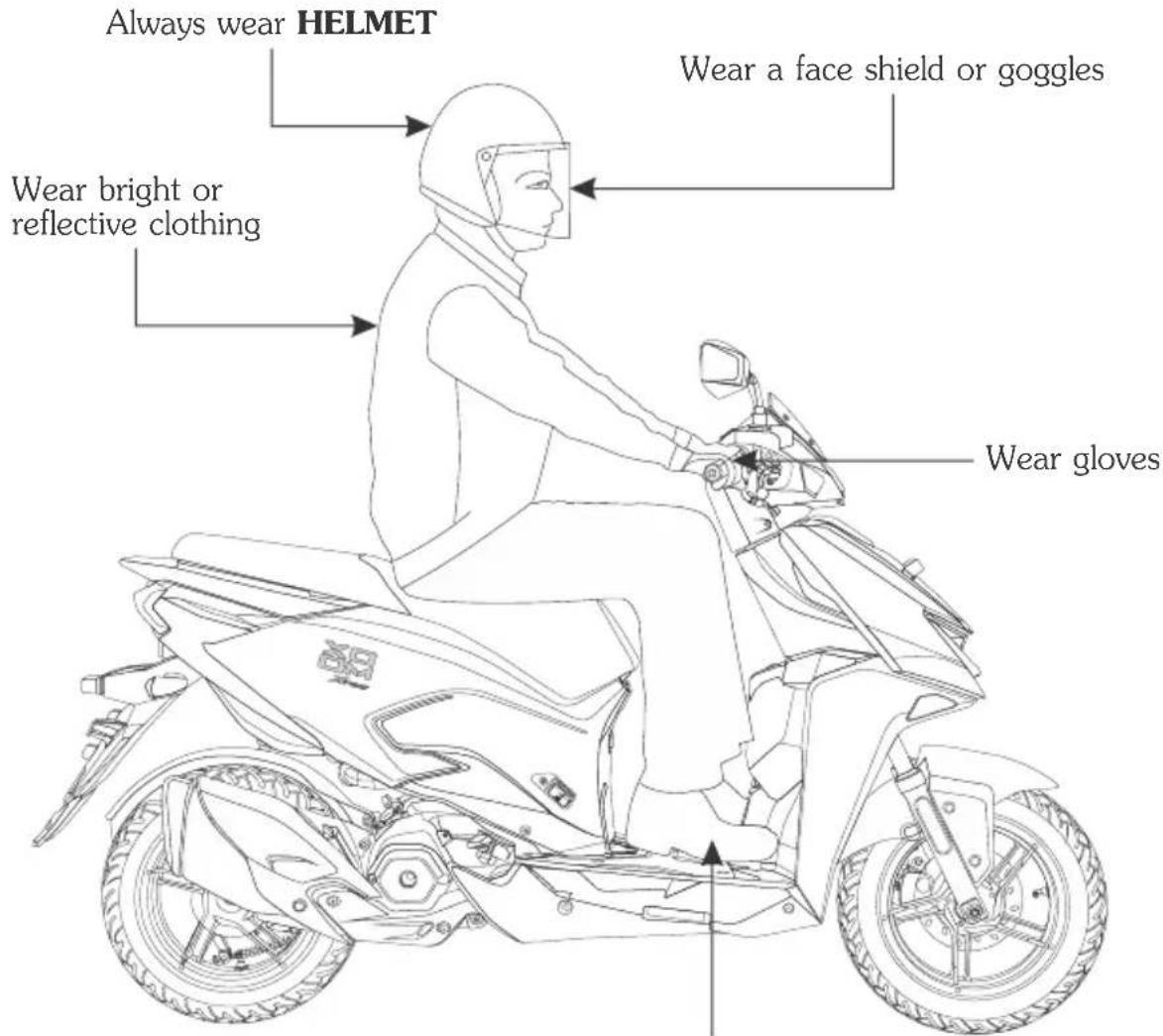 Always wear HELMET Wear a face shield or goggles Wear bright or reflective clothing Wear gloves