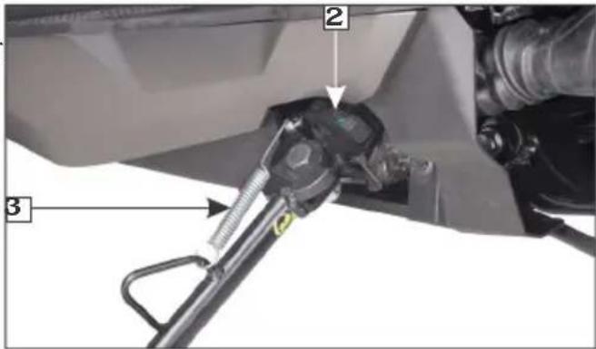 Technical diagram showing mechanical assembly with labeled parts 1, 2, and 3, including a spring-loaded component.